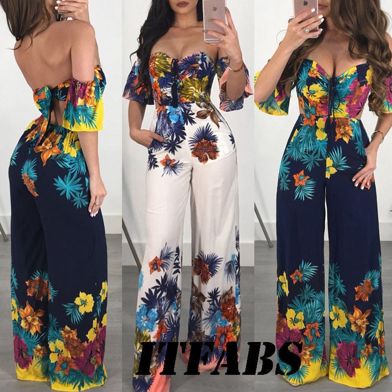 Women V Neck Off-shoulder Summer Jumpsuit 2018 New Lady Floral Printed Romper Clubwear Playsuit Casual Backless Jumpsuit&amp;Romper