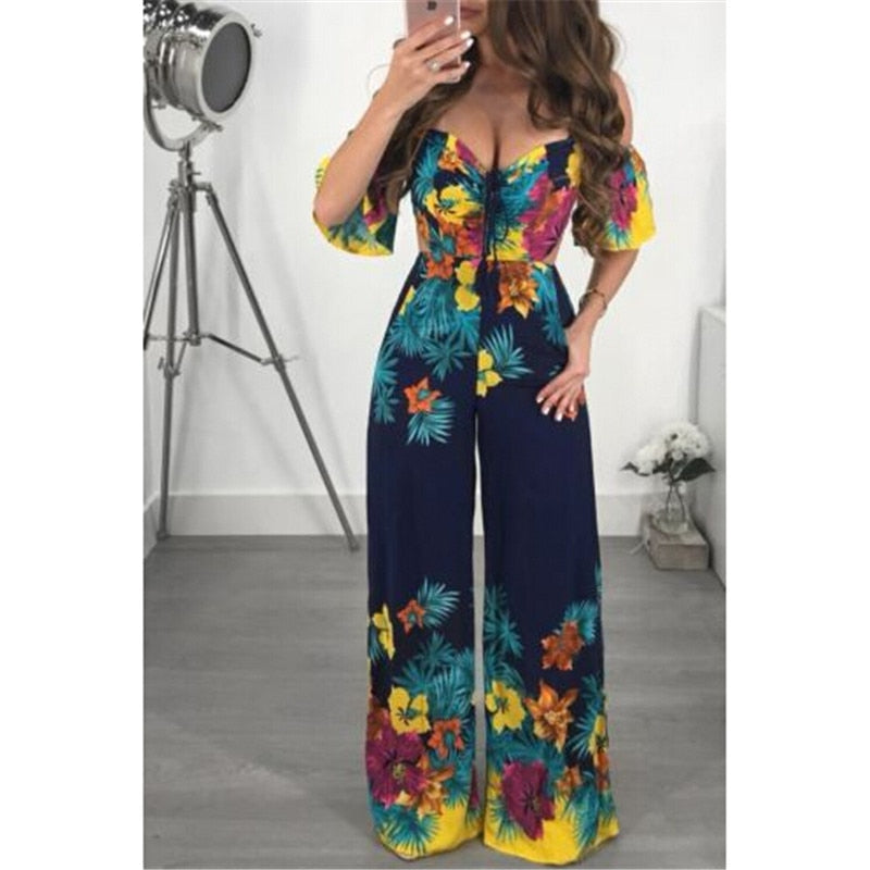 Women V Neck Off-shoulder Summer Jumpsuit 2018 New Lady Floral Printed Romper Clubwear Playsuit Casual Backless Jumpsuit&amp;Romper