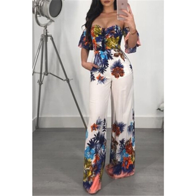 Women V Neck Off-shoulder Summer Jumpsuit 2018 New Lady Floral Printed Romper Clubwear Playsuit Casual Backless Jumpsuit&amp;Romper