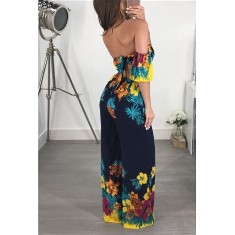 Women V Neck Off-shoulder Summer Jumpsuit 2018 New Lady Floral Printed Romper Clubwear Playsuit Casual Backless Jumpsuit&amp;Romper