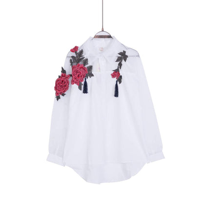 Women White Blusas Feminina Organza Flower Embroidery Mesh Hollow out Long Sleeve Shirt Blouse Clothes Tops Plus Size T5N214