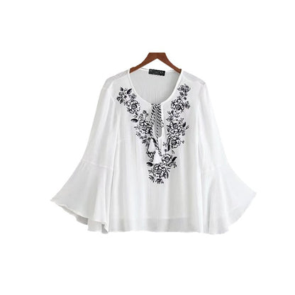 Women White Cotton Shirt Flare Sleeve Blouse Front Cut Out Lace-up Embroidery Summer Top