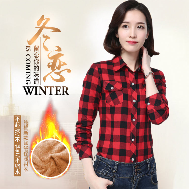 Women Winter Velvet Thick Keep Warm Plaid Blouses Long Sleeve Buttons Pocket Shirt 2018 Feminine Tops Shirts Checked Shirt Women