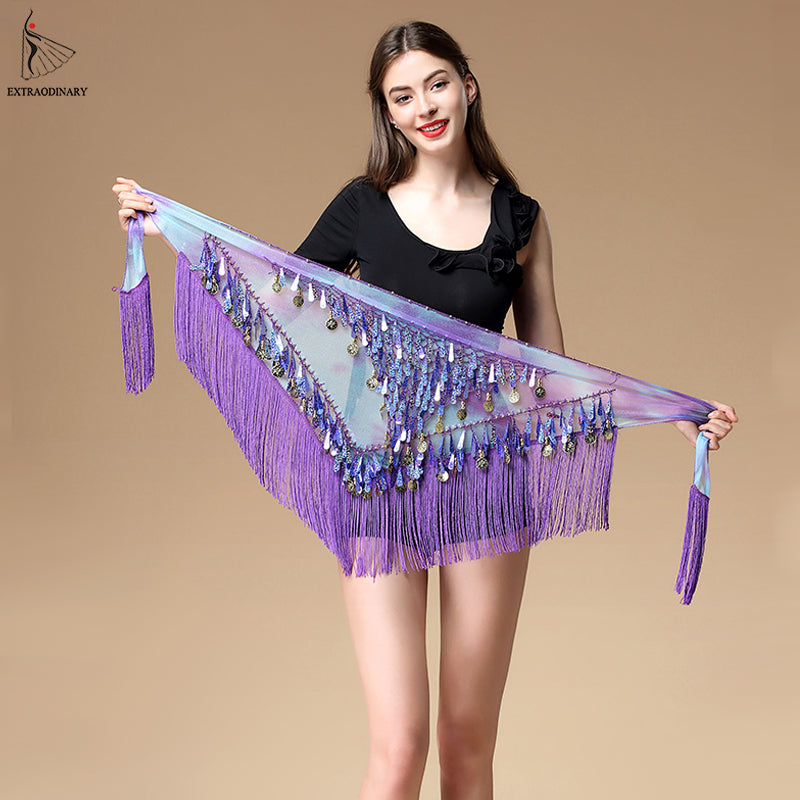 Women belt bellydance scarf hip Belly Dance Accessories Sequins Tassel Triangle Wrap Costume Belt Shawl Chiffon fringe scarf