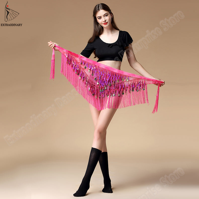 Women belt bellydance scarf hip Belly Dance Accessories Sequins Tassel Triangle Wrap Costume Belt Shawl Chiffon fringe scarf