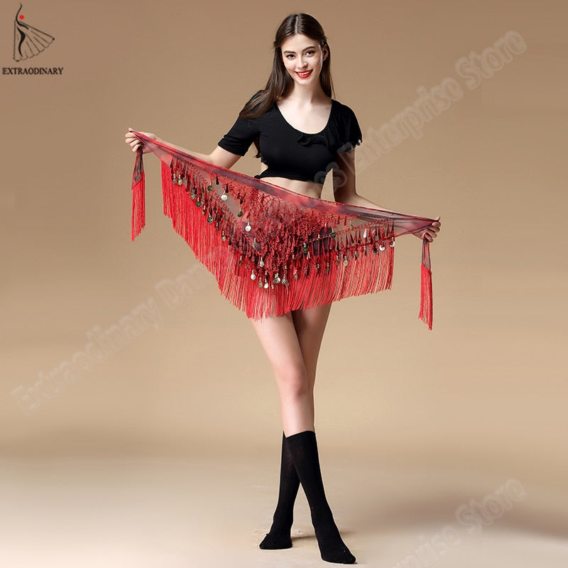 Women belt bellydance scarf hip Belly Dance Accessories Sequins Tassel Triangle Wrap Costume Belt Shawl Chiffon fringe scarf