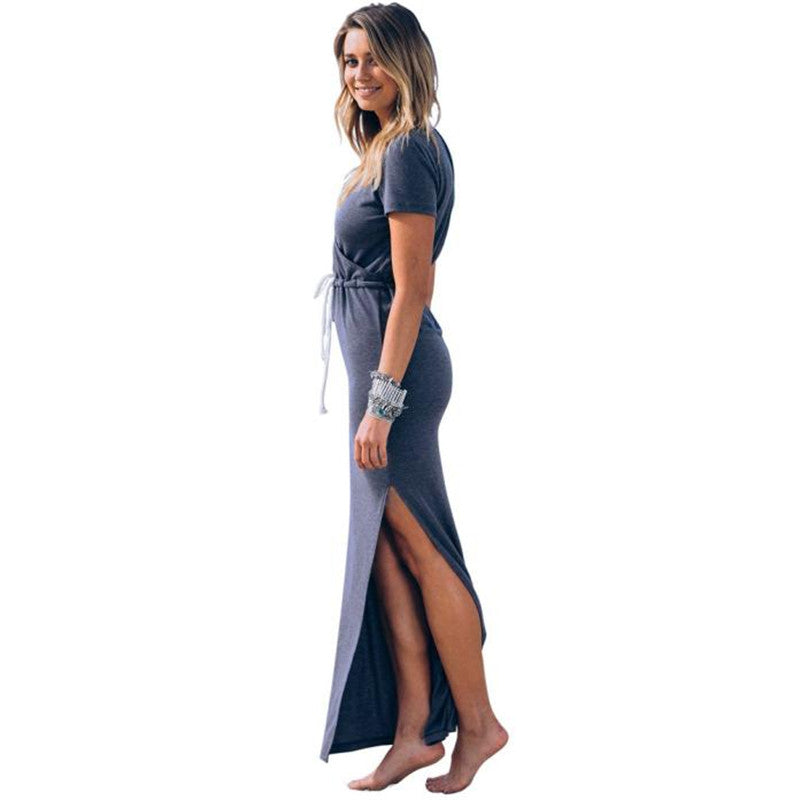 Women dress Personality Slender Waist Line Pencil maxi Dress Short sleeve tie waist pencil long dress casual slit