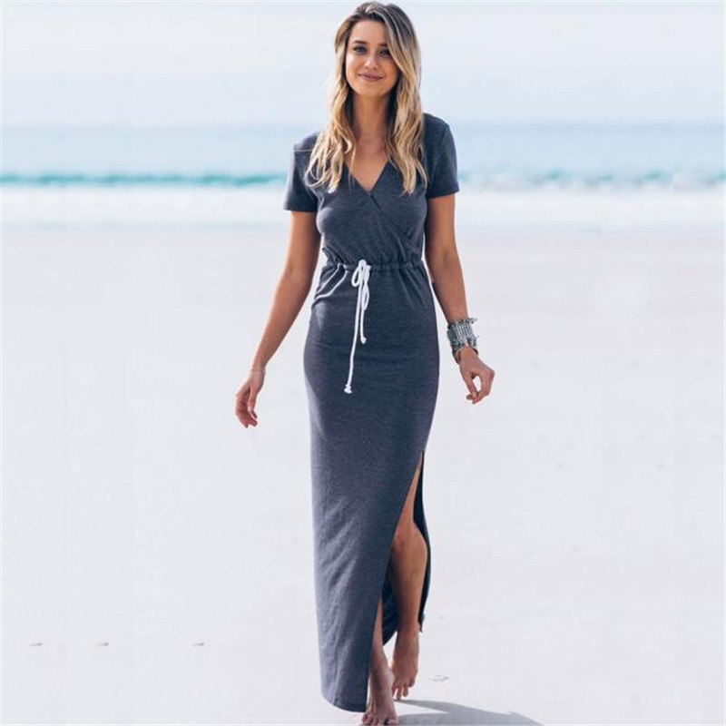 Women dress Personality Slender Waist Line Pencil maxi Dress Short sleeve tie waist pencil long dress casual slit