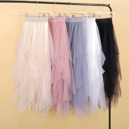 Women irregular Tulle Skirts Fashion Elastic High Waist Mesh Tutu Skirt Pleated Long Skirts Midi Skirt Saias Faldas Jupe Femmle