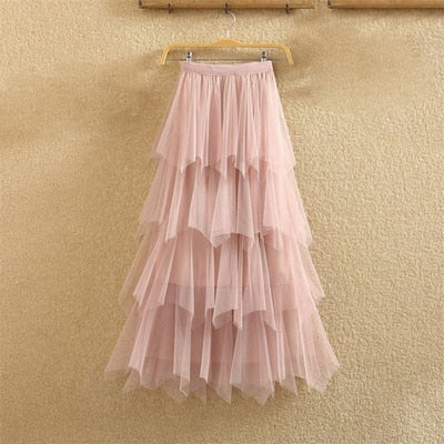 Women irregular Tulle Skirts Fashion Elastic High Waist Mesh Tutu Skirt Pleated Long Skirts Midi Skirt Saias Faldas Jupe Femmle