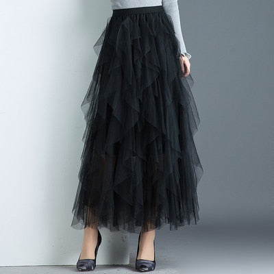 Women irregular Tulle Skirts Fashion Elastic High Waist Mesh Tutu Skirt Pleated Long Skirts Midi Skirt Saias Faldas Jupe Femmle