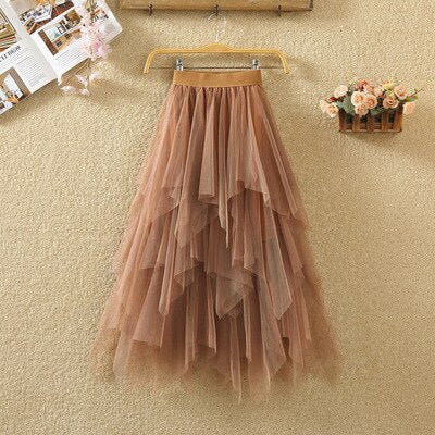 Women irregular Tulle Skirts Fashion Elastic High Waist Mesh Tutu Skirt Pleated Long Skirts Midi Skirt Saias Faldas Jupe Femmle