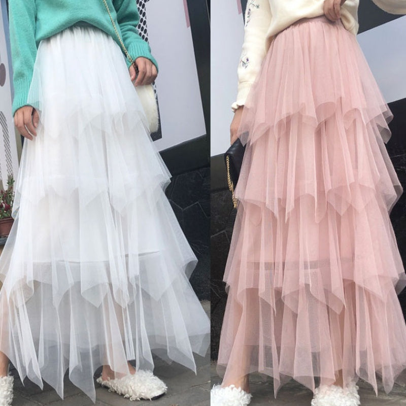 Women irregular Tulle Skirts Fashion Elastic High Waist Mesh Tutu Skirt Pleated Long Skirts Midi Skirt Saias Faldas Jupe Femmle