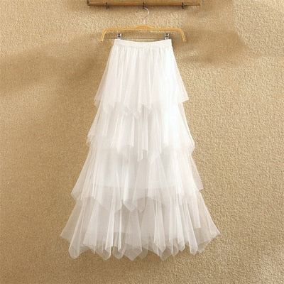 Women irregular Tulle Skirts Fashion Elastic High Waist Mesh Tutu Skirt Pleated Long Skirts Midi Skirt Saias Faldas Jupe Femmle