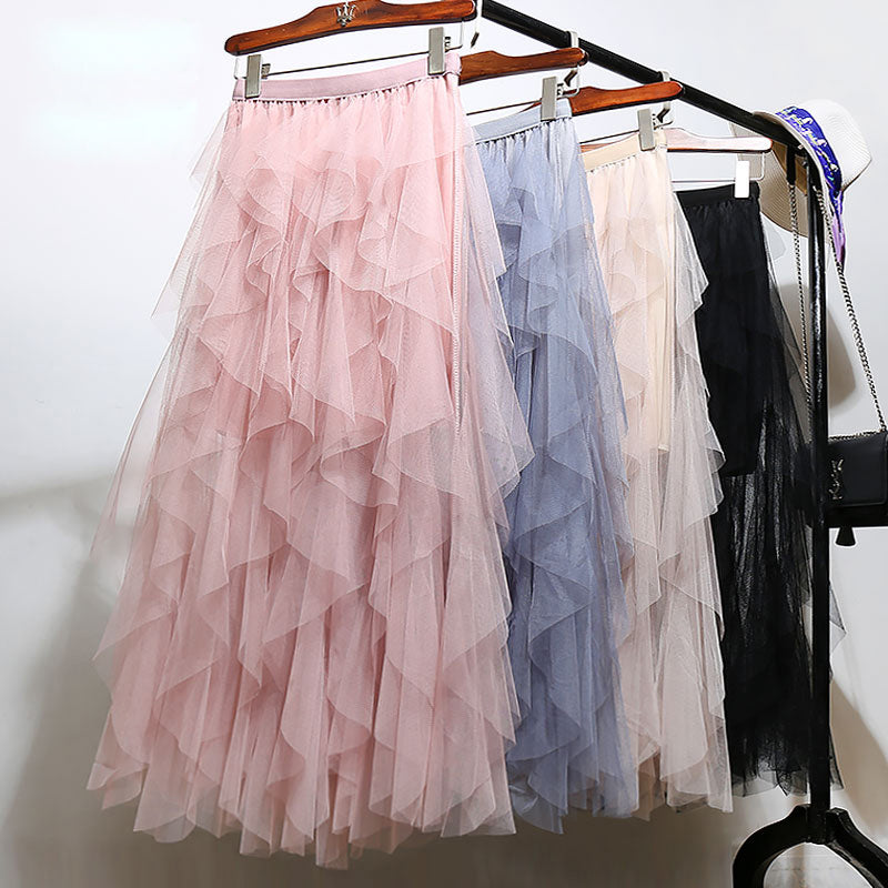 Women irregular Tulle Skirts Fashion Elastic High Waist Mesh Tutu Skirt Pleated Long Skirts Midi Skirt Saias Faldas Jupe Femmle