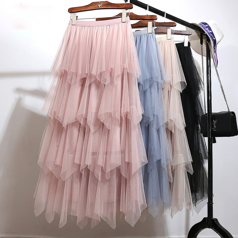 Women irregular Tulle Skirts Fashion Elastic High Waist Mesh Tutu Skirt Pleated Long Skirts Midi Skirt Saias Faldas Jupe Femmle