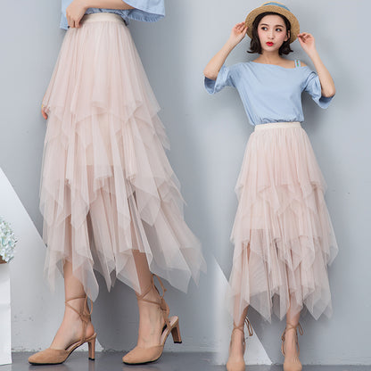 Women irregular Tulle Skirts Fashion Elastic High Waist Mesh Tutu Skirt Pleated Long Skirts Midi Skirt Saias Faldas Jupe Femmle