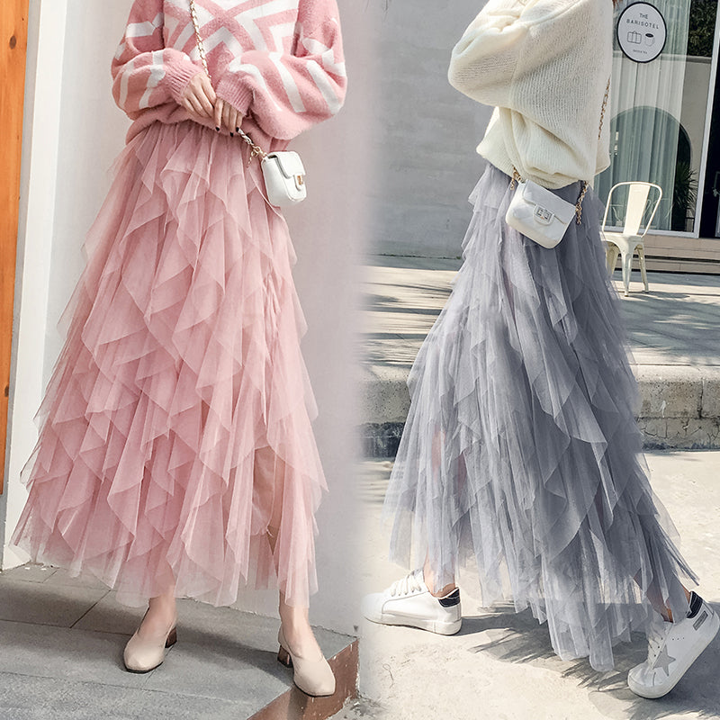 Women irregular Tulle Skirts Fashion Elastic High Waist Mesh Tutu Skirt Pleated Long Skirts Midi Skirt Saias Faldas Jupe Femmle