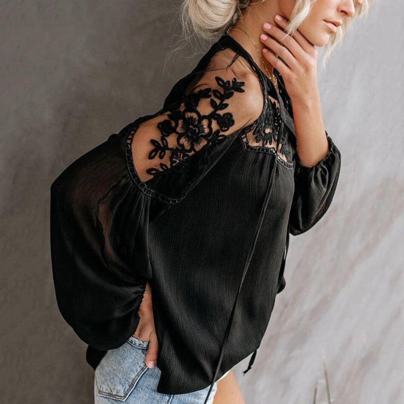 Women's V-Neck Casual Lace Mesh Stitching Long Sleeve Perspective Ruched Blouse  J1