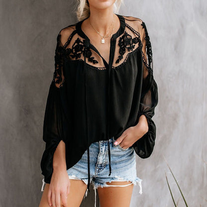 Women's White Chiffon Mesh Lace Blouse Tops Black Lantern Long Sleeve Transparent Boho Womens Shirt 2019 Summer Fashion Shirts