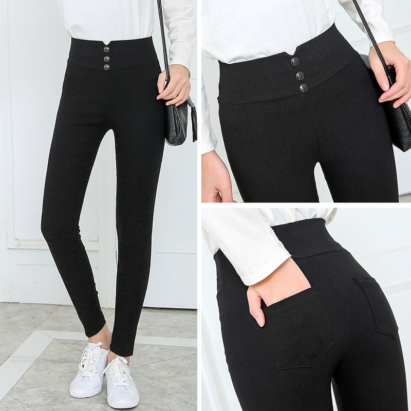 Women's black Pants Pencil Trousers 2018 Spring Fall Button pocke Pants Women Slim Ladies Jean Trousers Female High Waist Pants