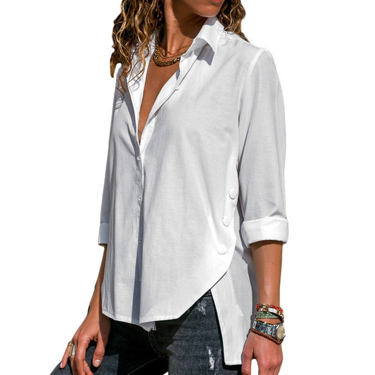 Womens Long Sleeve Tops Blusas Turn Down Collar Solid Office Blouse Fashion Button Side Split Blouses Casual Loose Ladies Shirts