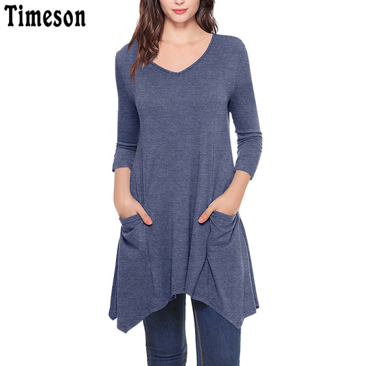 Womens V-Neck Asymmetrical Hem 3/4 Sleeve Knitted Long Tunic Tops with Pockets Black Casual Plus Size Shirt Solid Blouse Female