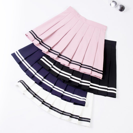 XS-XXL Four Colors High Waist A-Line Women Skirt Striped Stitching Sailor Pleated Skirt Elastic Waist Sweet Girls Dance Skirt