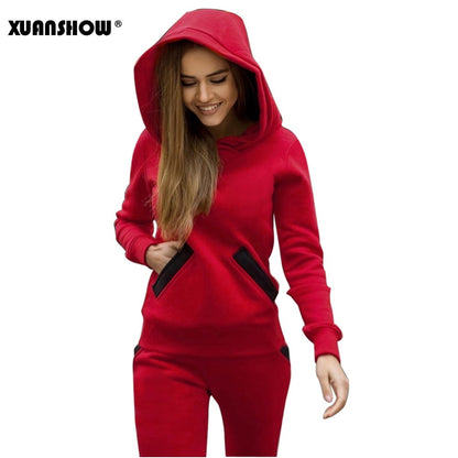 XUANSHOW 2018 Fashion Autumn Winter Women Tracksuits Outfits Big Hat Sweatshirts+Slim Full Pants 2 Piece Set Pockets Female Set