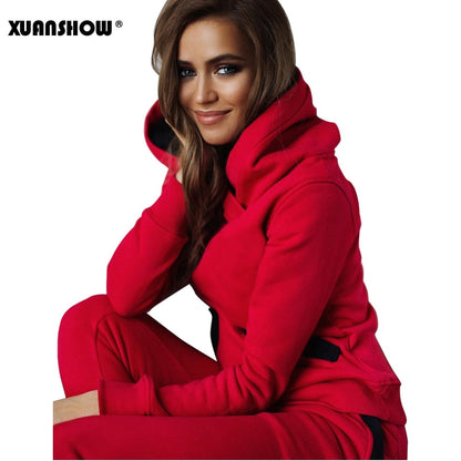 XUANSHOW 2018 Fashion Autumn Winter Women Tracksuits Outfits Big Hat Sweatshirts+Slim Full Pants 2 Piece Set Pockets Female Set