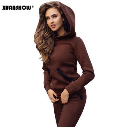 XUANSHOW 2018 Fashion Autumn Winter Women Tracksuits Outfits Big Hat Sweatshirts+Slim Full Pants 2 Piece Set Pockets Female Set