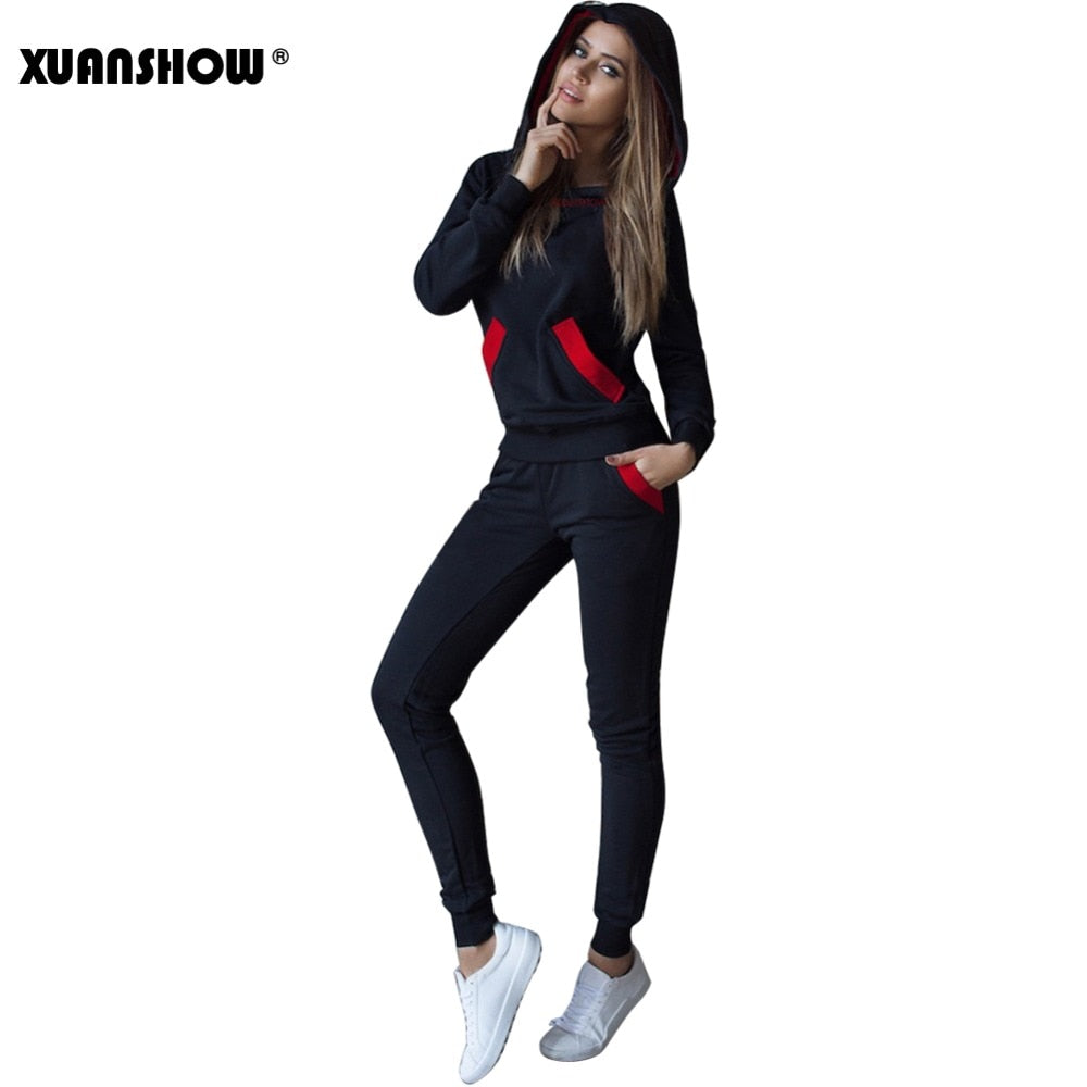 XUANSHOW 2018 Fashion Autumn Winter Women Tracksuits Outfits Big Hat Sweatshirts+Slim Full Pants 2 Piece Set Pockets Female Set