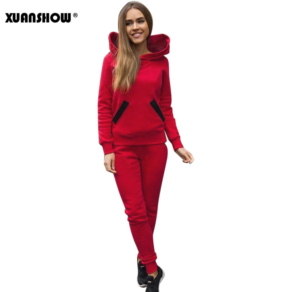 XUANSHOW 2018 Fashion Autumn Winter Women Tracksuits Outfits Big Hat Sweatshirts+Slim Full Pants 2 Piece Set Pockets Female Set