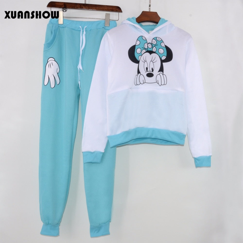 XUANSHOW Women Set Casual Sportswear Cute Ear Cartoon Mouse Printed With Hooded long-sleeved Suit Tenue Tracksuit  Femme