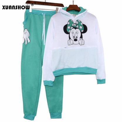 XUANSHOW Women Set Casual Sportswear Cute Ear Cartoon Mouse Printed With Hooded long-sleeved Suit Tenue Tracksuit  Femme