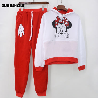 XUANSHOW Women Set Casual Sportswear Cute Ear Cartoon Mouse Printed With Hooded long-sleeved Suit Tenue Tracksuit  Femme