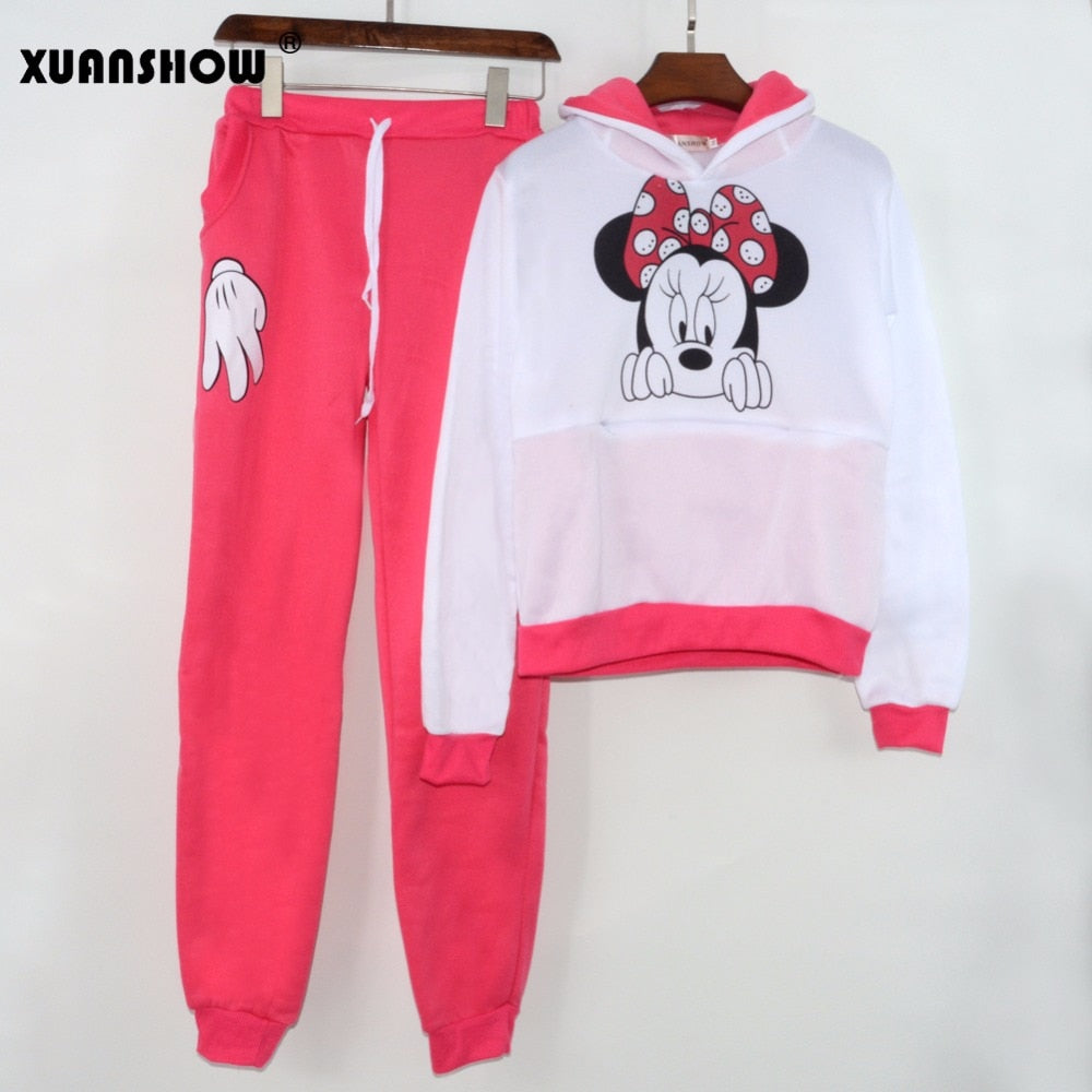 XUANSHOW Women Set Casual Sportswear Cute Ear Cartoon Mouse Printed With Hooded long-sleeved Suit Tenue Tracksuit  Femme