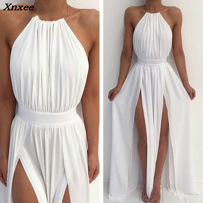 Xnxee Women Chiffon Hater neck  Maxi Dress Red Beach Boho Long Dress White Bridesmaids Floor length Split Party Dresses Robe