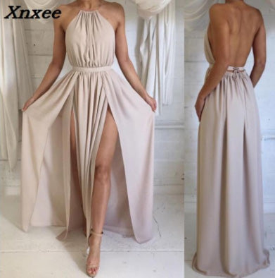 Xnxee Women Chiffon Hater neck  Maxi Dress Red Beach Boho Long Dress White Bridesmaids Floor length Split Party Dresses Robe