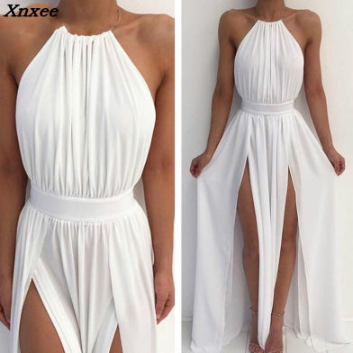 Xnxee Women Chiffon Hater neck  Maxi Dress Red Beach Boho Long Dress White Bridesmaids Floor length Split Party Dresses Robe