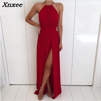 Xnxee Women Chiffon Hater neck  Maxi Dress Red Beach Boho Long Dress White Bridesmaids Floor length Split Party Dresses Robe