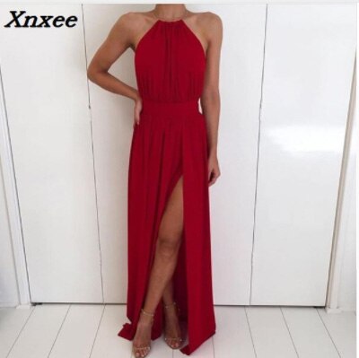 Xnxee Women Chiffon Hater neck  Maxi Dress Red Beach Boho Long Dress White Bridesmaids Floor length Split Party Dresses Robe