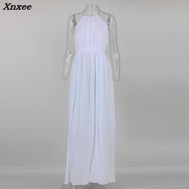 Xnxee Women Chiffon Hater neck  Maxi Dress Red Beach Boho Long Dress White Bridesmaids Floor length Split Party Dresses Robe