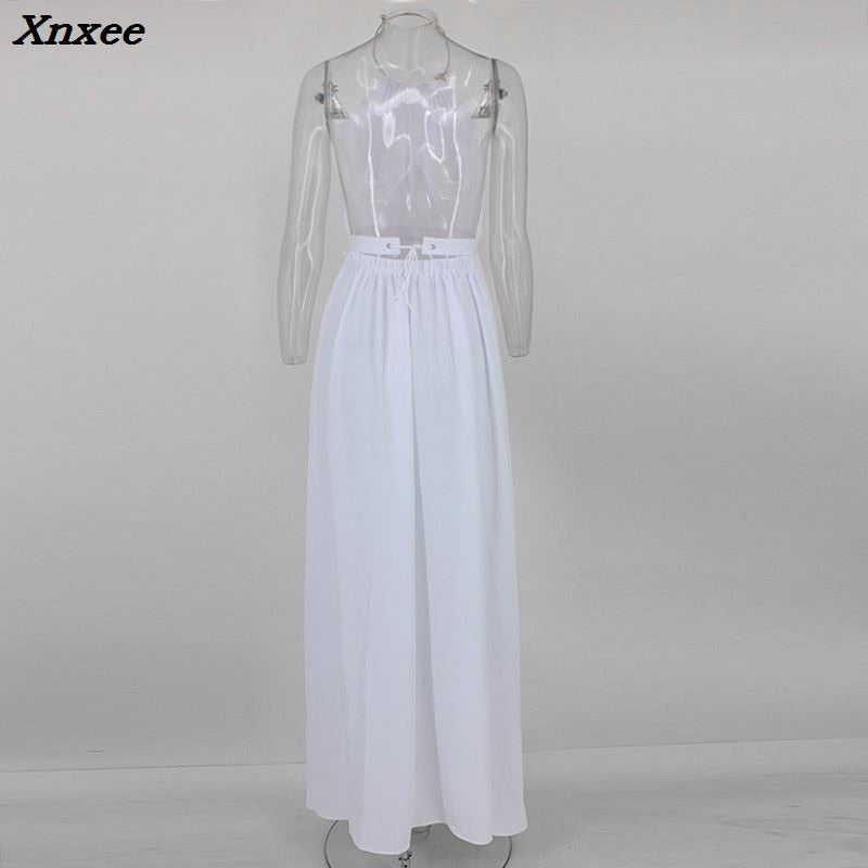 Xnxee Women Chiffon Hater neck  Maxi Dress Red Beach Boho Long Dress White Bridesmaids Floor length Split Party Dresses Robe