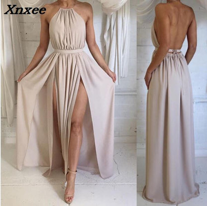 Xnxee Women Chiffon Hater neck  Maxi Dress Red Beach Boho Long Dress White Bridesmaids Floor length Split Party Dresses Robe