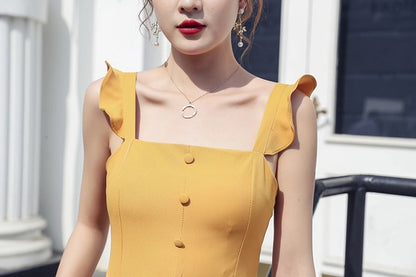 Yellow / Burgundy Ruffled Strap Backless  Jumpsuit