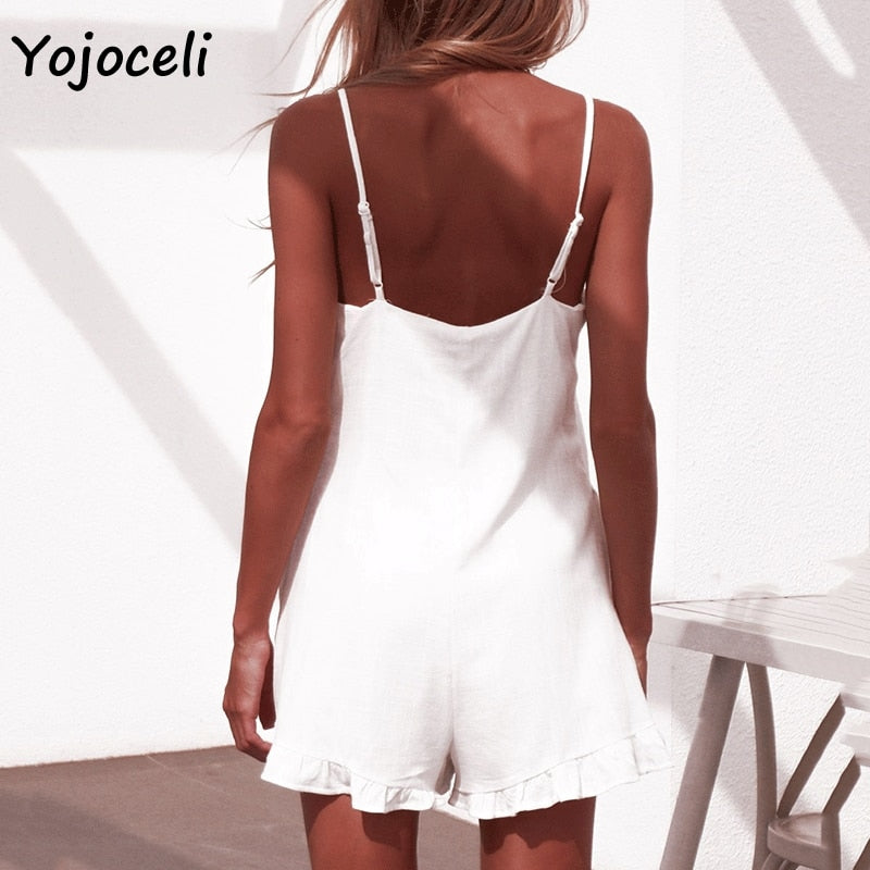 Yojoceli white cotton casual jumpsuit romper women strap boho beach short playsuit 2019 summer female overalls