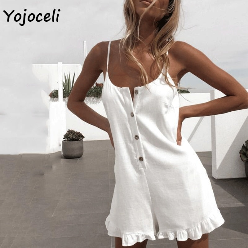 Yojoceli white cotton casual jumpsuit romper women strap boho beach short playsuit 2019 summer female overalls