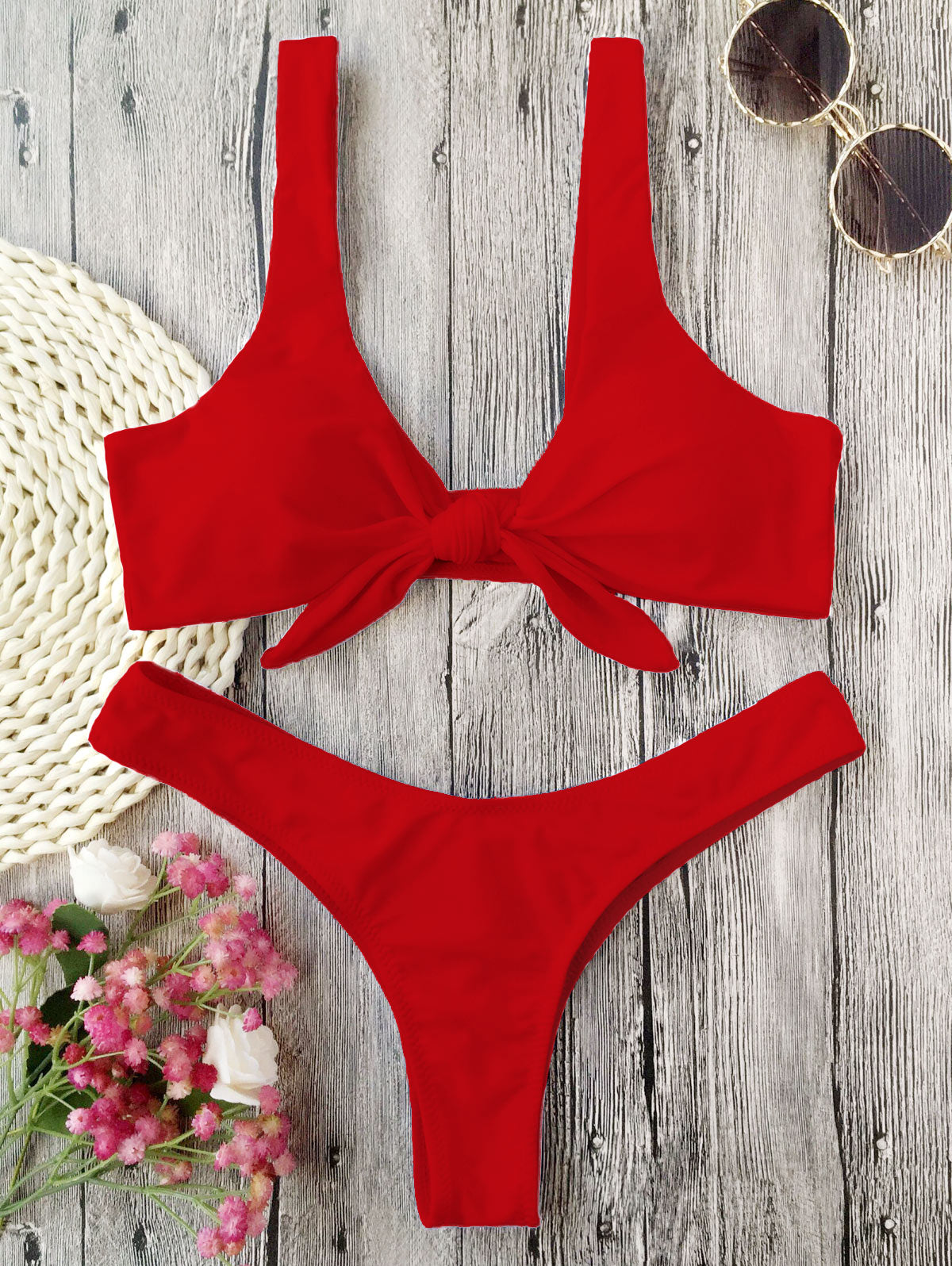 ZAFUL Bikini Knotted Padded Thong Bikini Set Women Swimwear Swimsuit Scoop Neck Solid High Cut Bathing Suit Brazilian Biquni