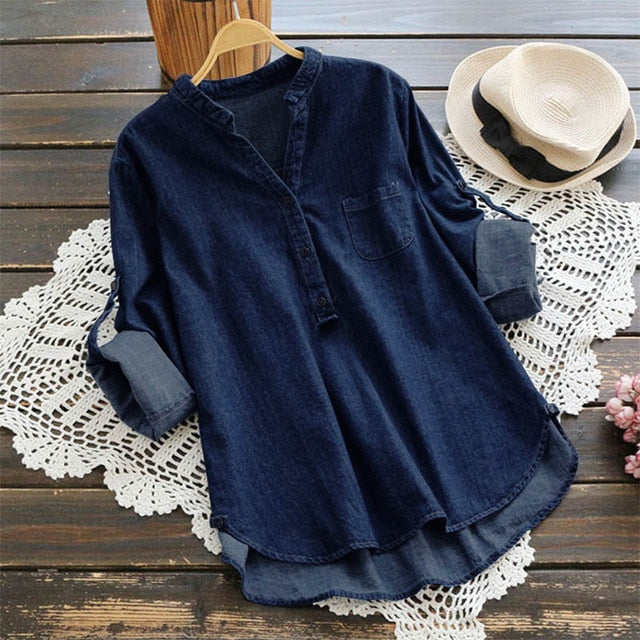 ZANZEA Fashion Women's Blouse 2019 Autumn Denim Blue Shirts Female V Neck Long Sleeve Shirt Button Down Summer Blusas Work Tops